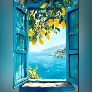 Italian Coast View Out Window Lemon Tree Coastal Mediterranean Art Print New